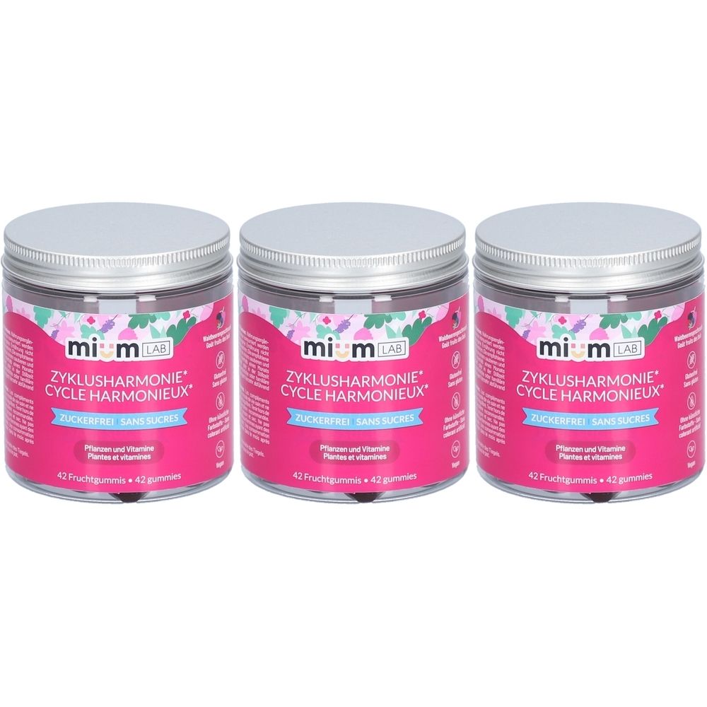 Trois pots de MIUMLAB Gummies Zyklusharmonie. Étiquette rose avec nom du produit et texte. Couvercle argenté.