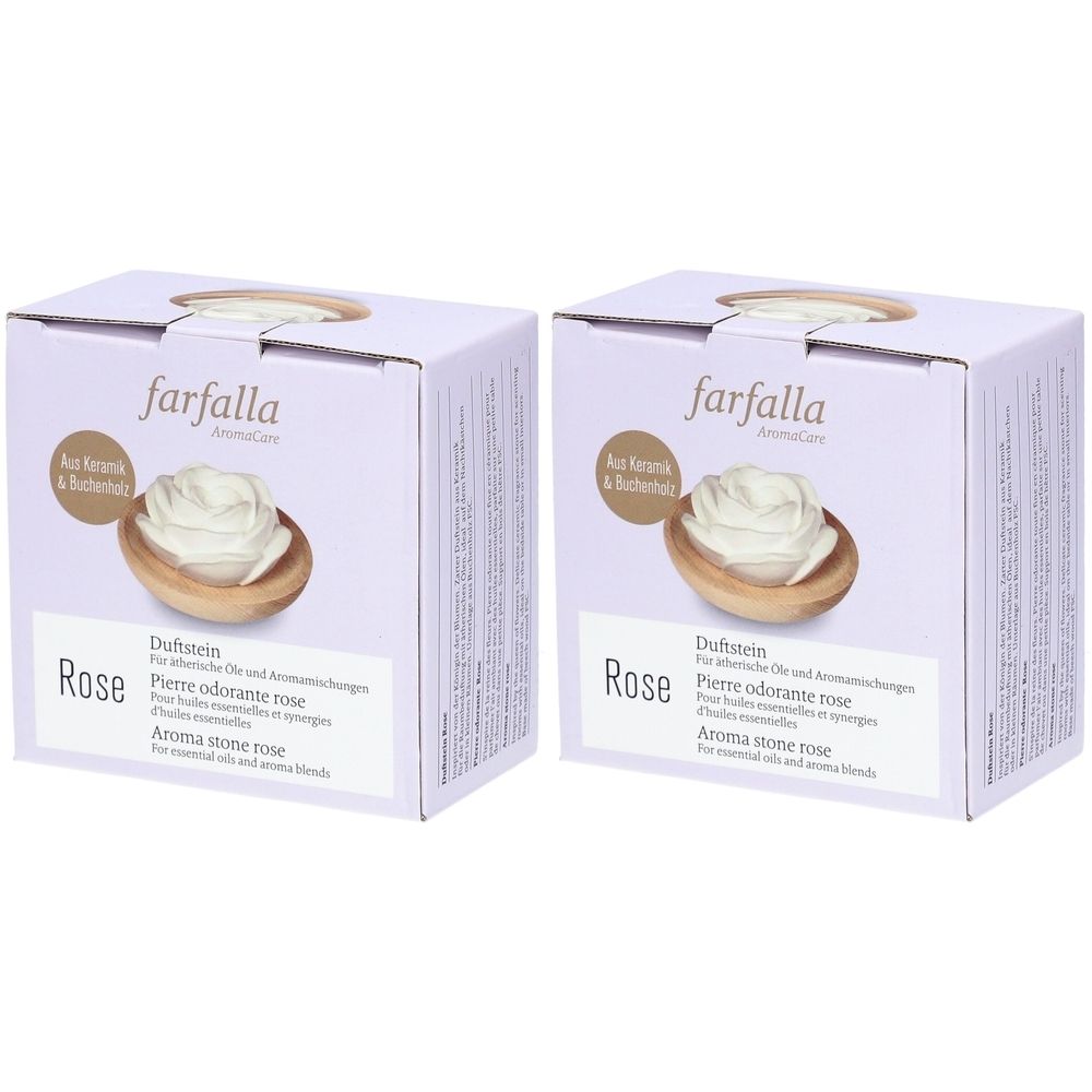 Zwei Schachteln mit "farfalla AromaCare"-Produkt. Auf jeder Schachtel: Rose, Duftstein, Abbildung einer Rose in einer Schale.