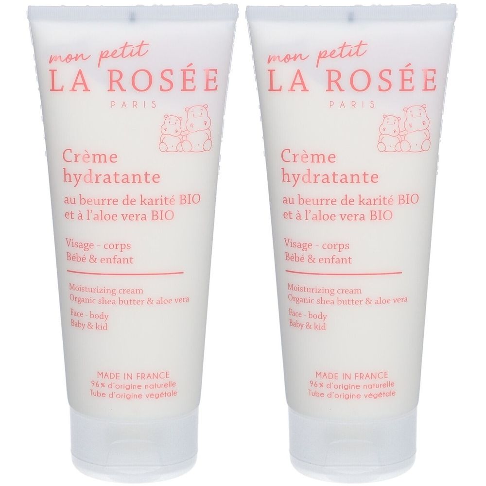 Deux tubes de crème hydratante pour bébés. Inscription : LA ROSÉE, Crème hydratante, au beurre de karité BIO et à l'aloe vera BIO.