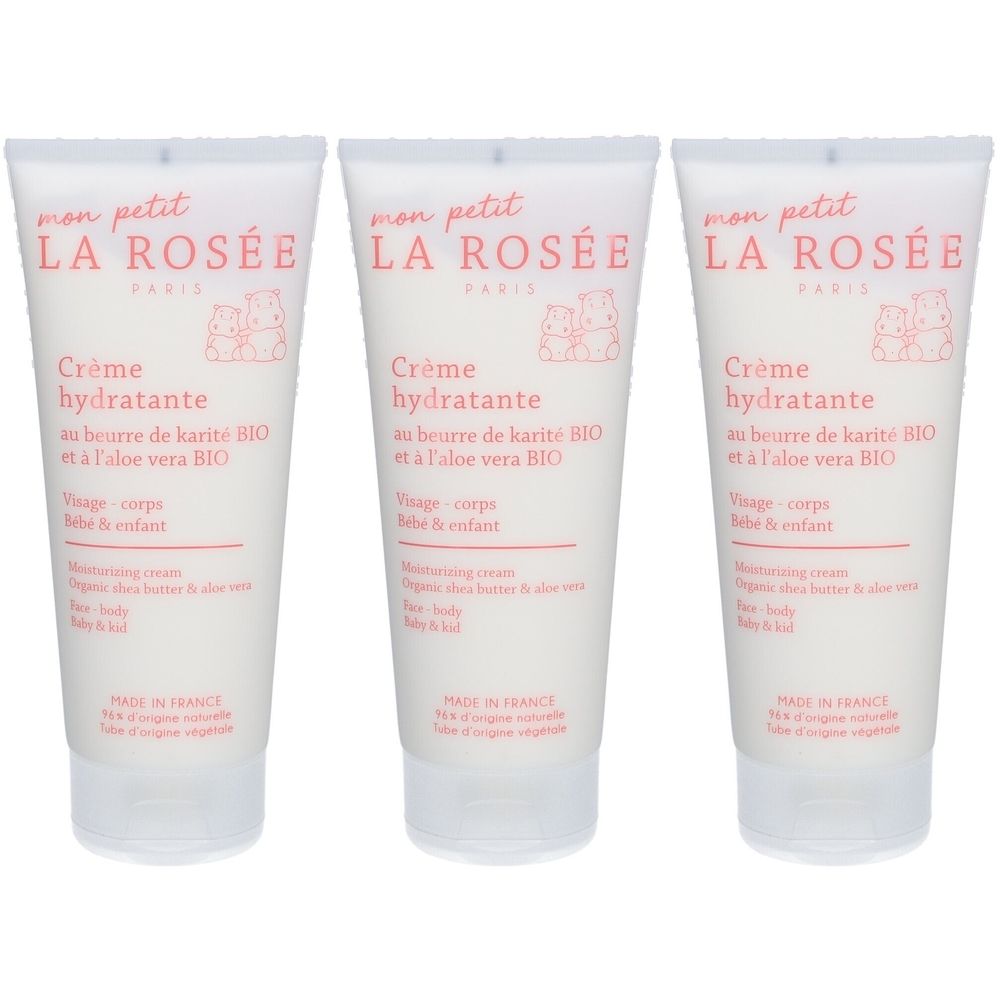 Trois tubes de crème hydratante pour bébés. Inscription: LA ROSÉE, Crème hydratante, au beurre de karité BIO et à l'aloe vera BIO.