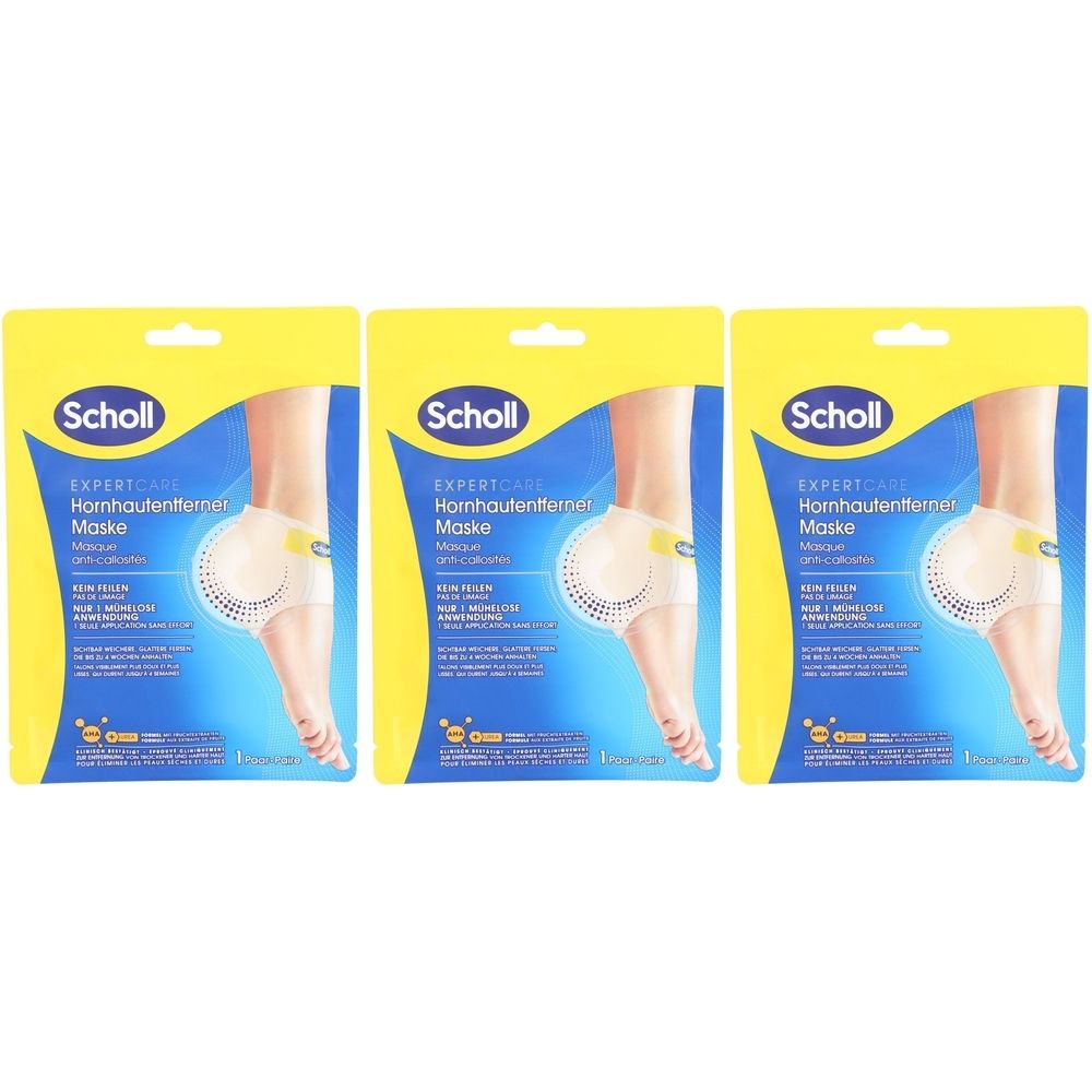 Drei Packungen Scholl® Expert Care Fußmaske. Gelbe und blaue Verpackung mit Produktabbildung und Logo.