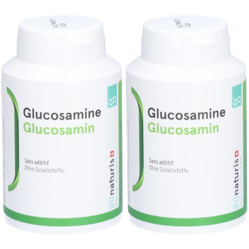 Deux flacons blancs avec étiquette verte. Inscription : Glucosamine, Sans additif, Ohne Zusatzstoffe. Marque : Bionaturis.