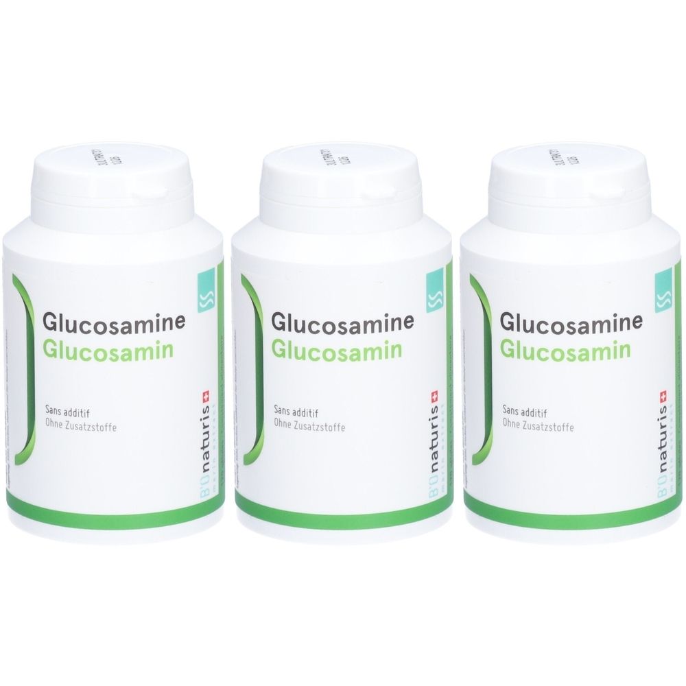 Trois flacons blancs avec étiquette verte. Inscription : Glucosamine, sans additifs. Marque : Bionaturis.