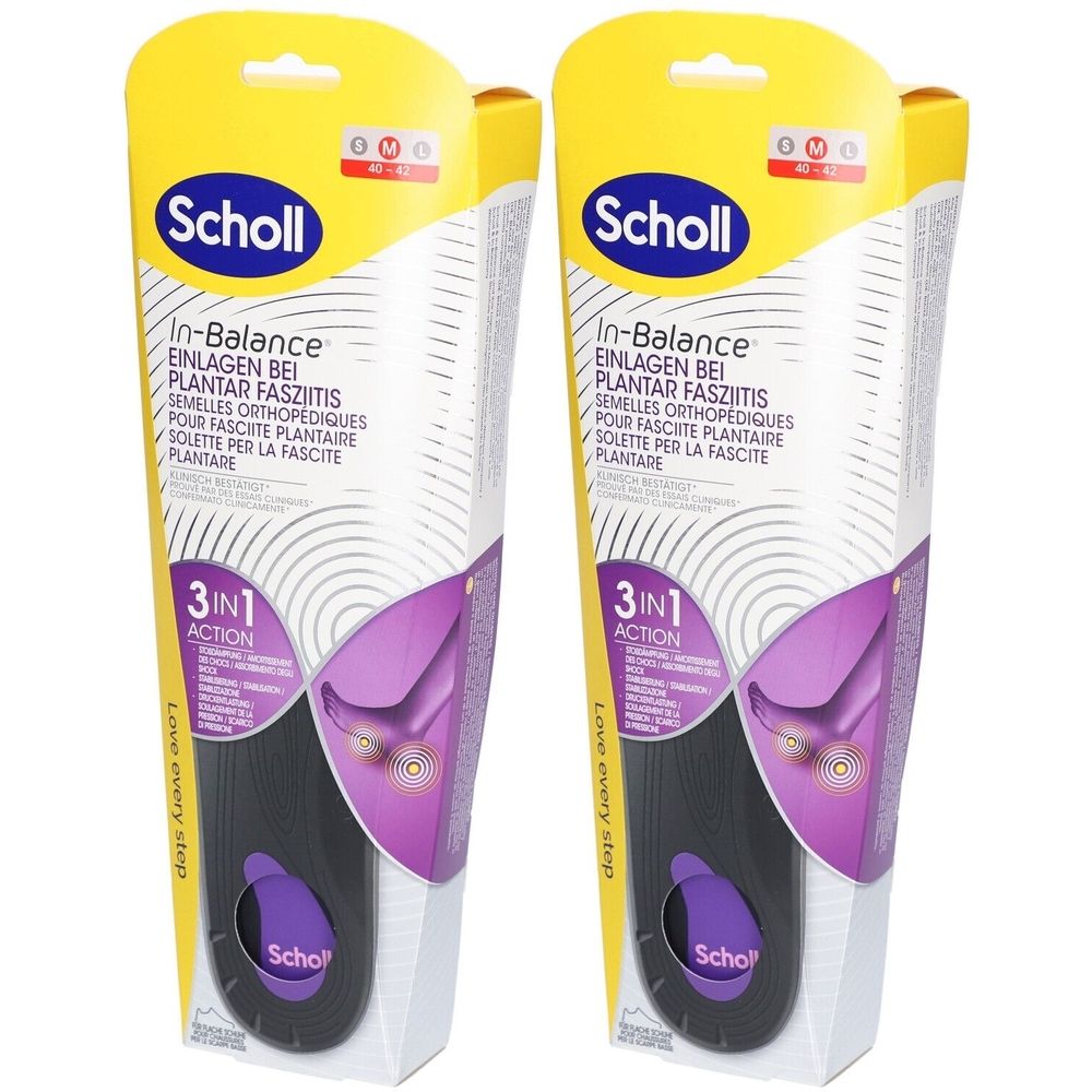 Zwei Scholl In-Balance Einlegesohlen-Verpackungen. Aufschrift: In-Balance, Einlagen bei Plantarfasziitis, Größe M.