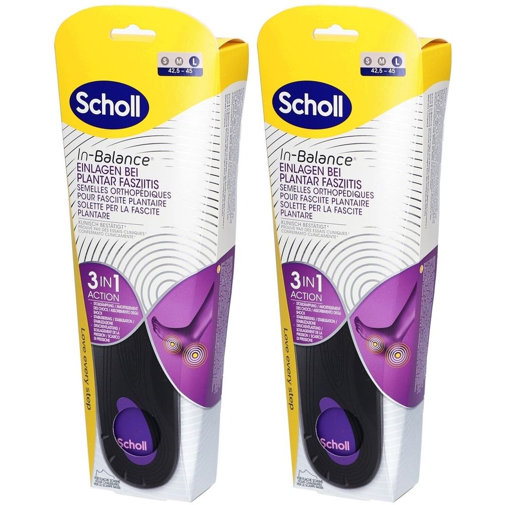 Zwei Packungen Scholl In-Balance Einlagen. Verpackung mit Produktabbildung und Produktbezeichnung. Größe L.