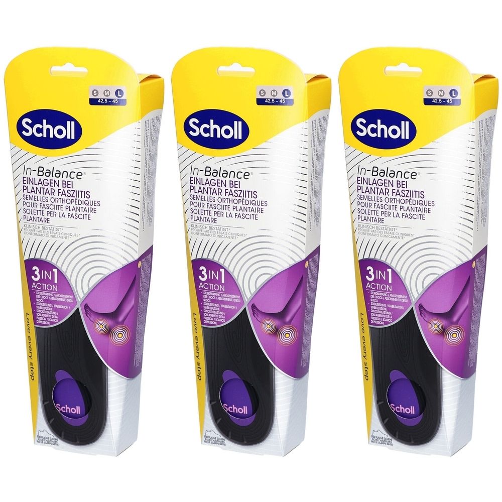Drei Scholl In-Balance Einlegesohlen-Verpackungen. Gelb-weißes Design mit Produktnamen und 3in1-Aktion. Größe L.