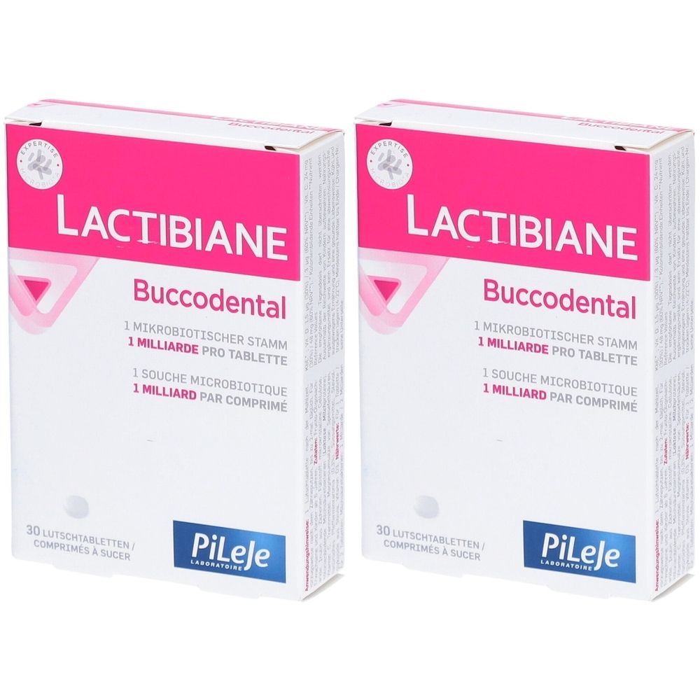 Zwei weiße Kartons mit rosa Akzenten. Aufschrift: Lactibiane Buccodental. Enthält 30 Lutschtabletten. Marke: PiLeje.