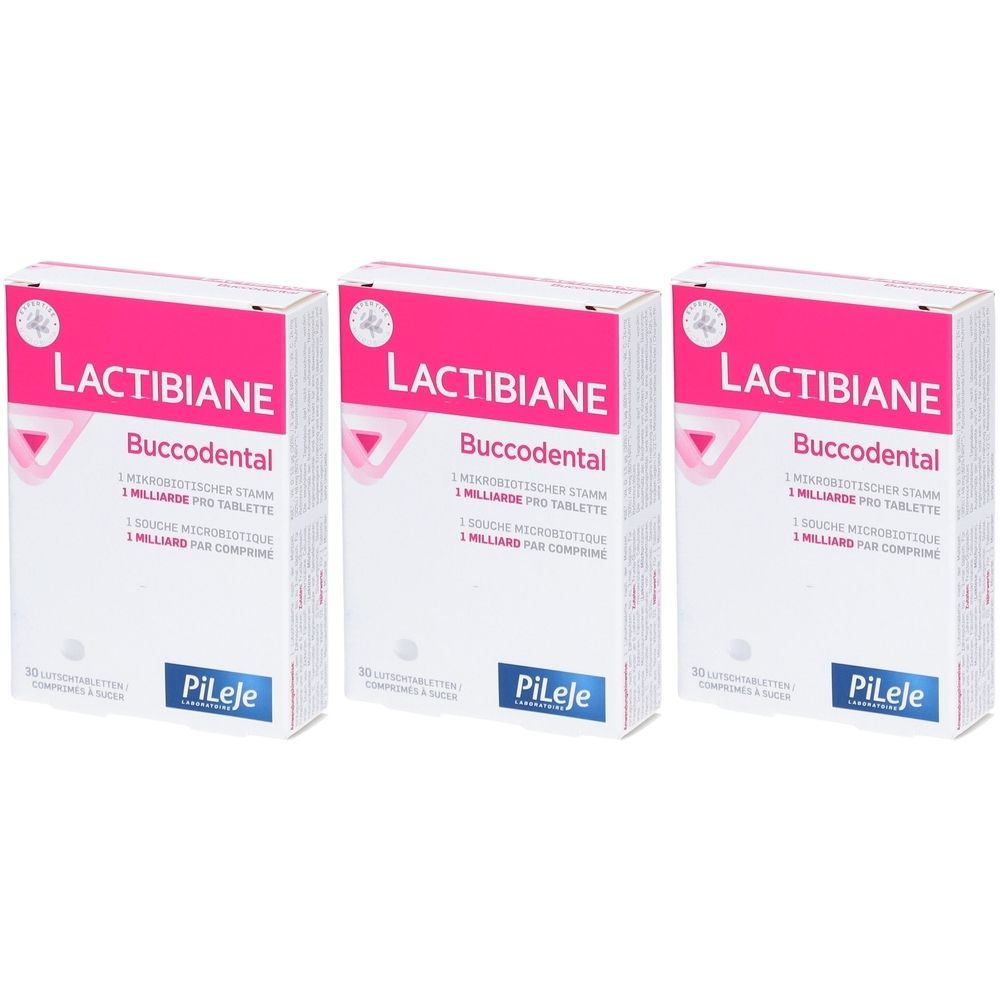 Drei Schachteln mit der Aufschrift Lactibiane Buccodental. Rosa und weiße Verpackung mit Logo und Text. Marke Pileje.