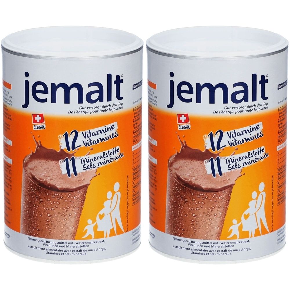 Zwei Dosen mit dem Produktnamen "jemalt". Aufschrift: 12 Vitamine, 11 Mineralstoffe. Schweizer Kreuz.