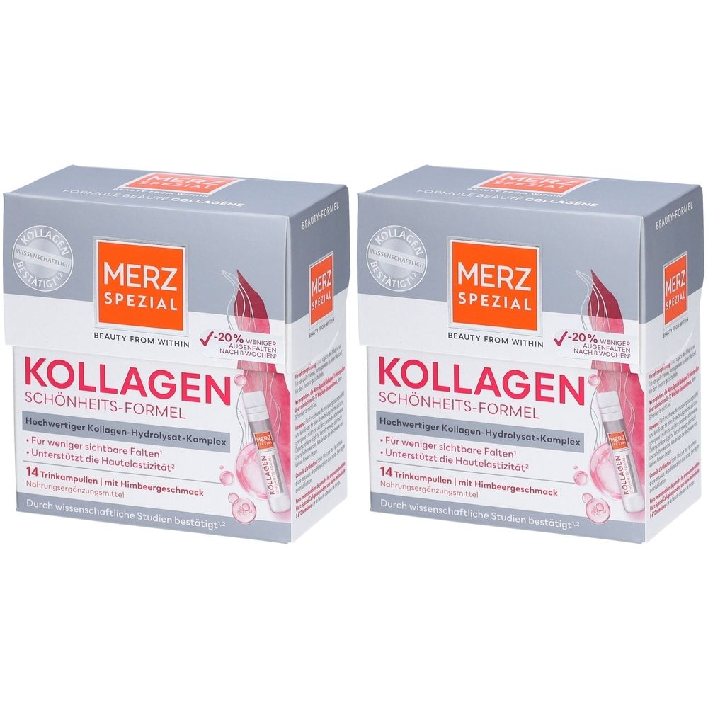 Zwei Schachteln Merz Spezial Kollagen Schönheits-Formel. Graue und weiße Verpackung mit Logo und Produktinformationen. Enthält 14 Trinkampullen.