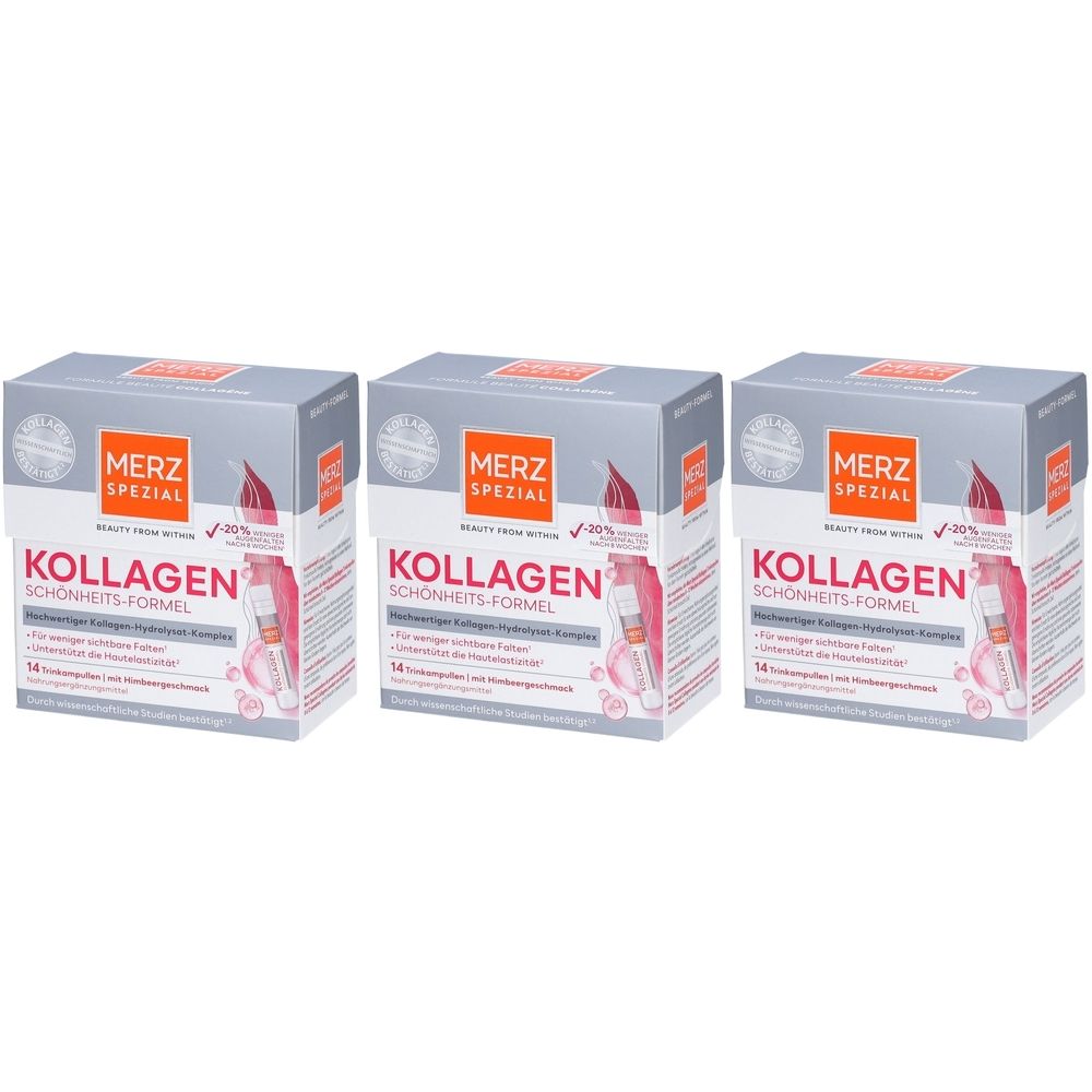 Drei Schachteln Merz Spezial Kollagen Schönheits-Formel. Jede Schachtel zeigt das Produkt und enthält 14 Trinkampullen.