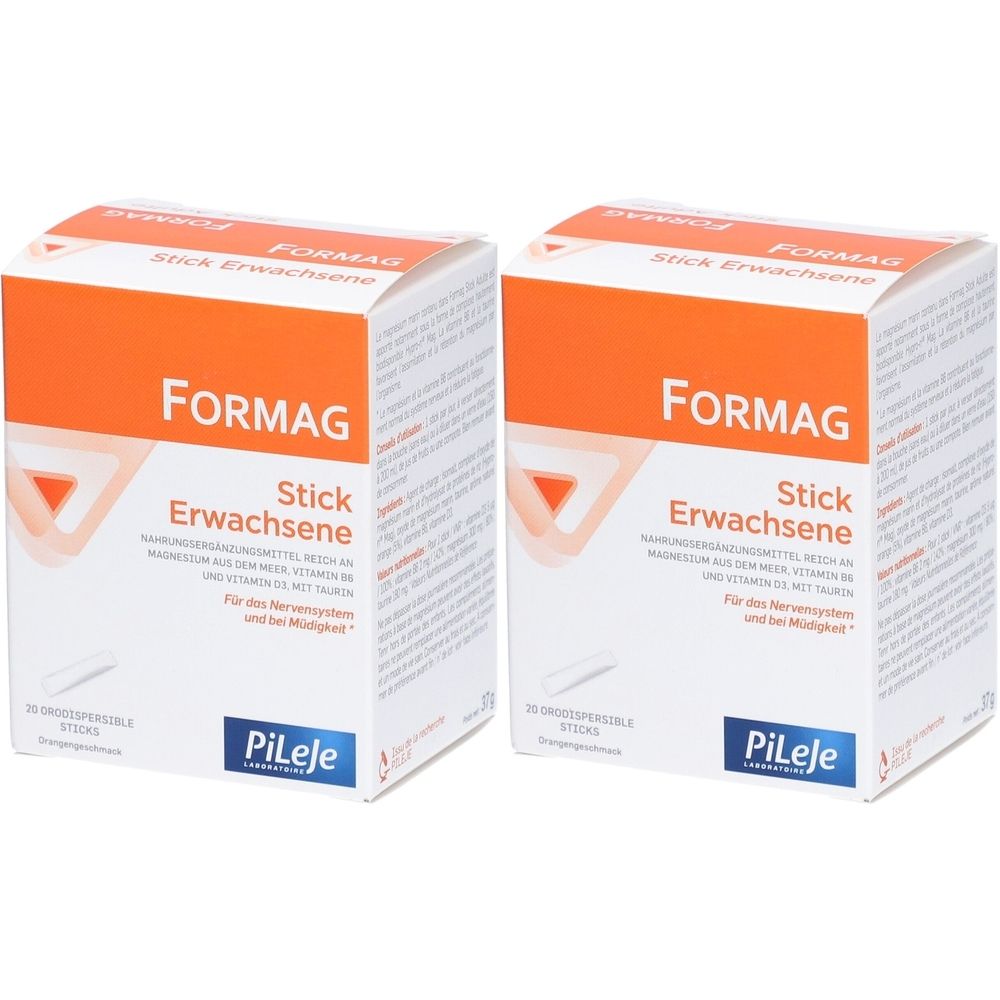 Zwei Schachteln Formag Stick Erwachsene. Orange-weißes Design. Text: Formag, Stick Erwachsene, Pileje Logo. 20 Sticks.
