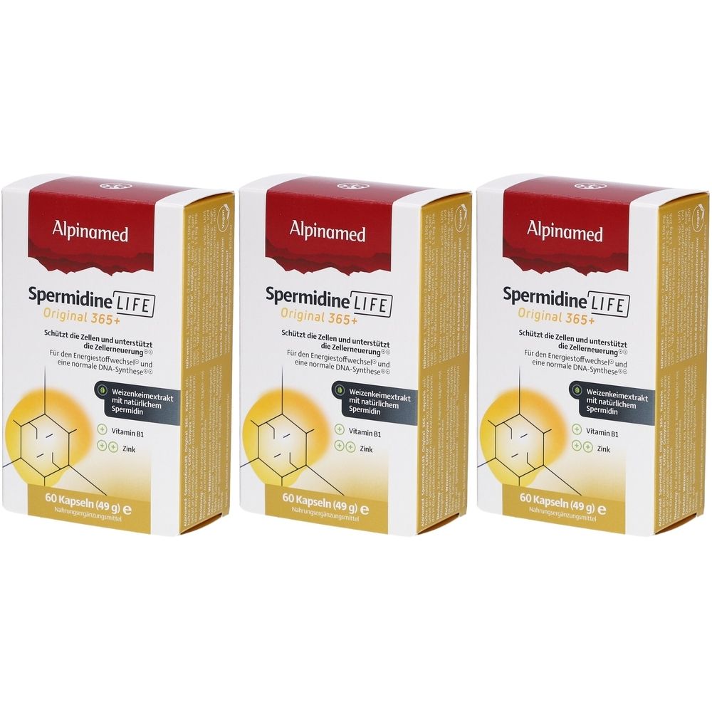 Trois boîtes de Alpinamed Spermidine LIFE Original 365+. Chaque boîte affiche le nom du produit, le logo et les informations.
