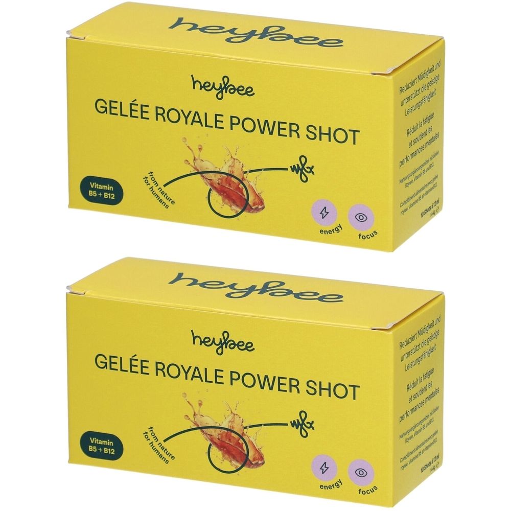 Zwei gelbe Schachteln mit "heybee GELÉE ROYALE POWER SHOT" Aufschrift. Enthält Vitamin B5-B12. Illustration eines Insekts.
