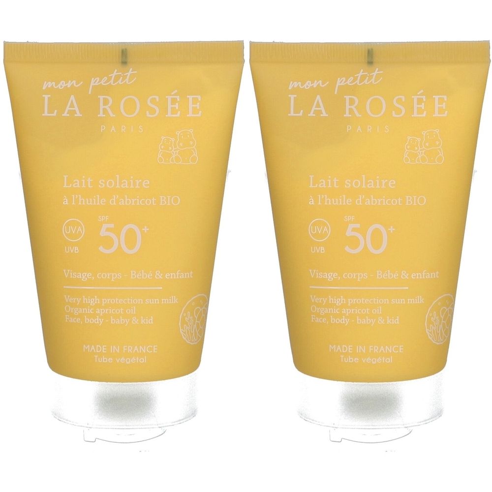 Deux tubes de lait solaire jaune. Inscription : La Rosée, Lait solaire, SPF 50+. Pour visage, corps, bébé et enfant.
