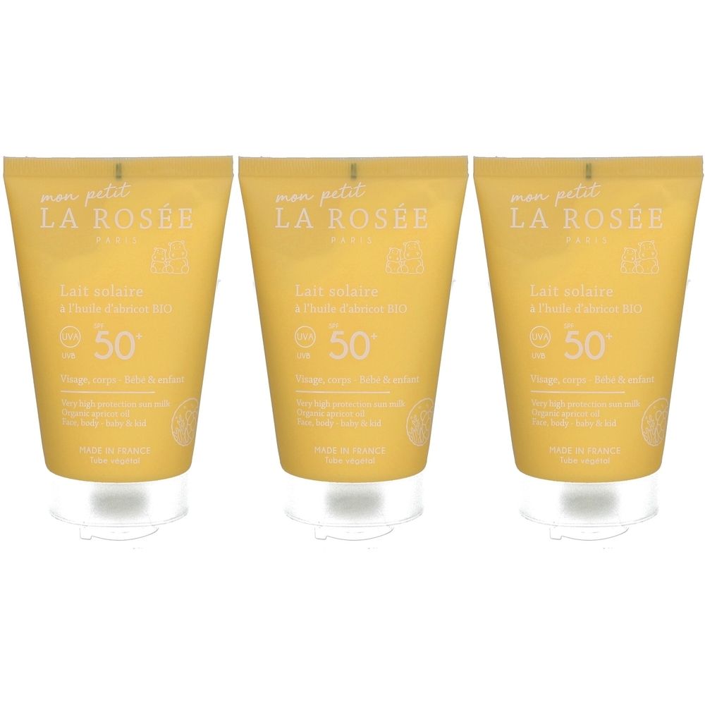 Trois tubes de crème solaire jaune. Inscription: LA ROSÉE, Lait solaire, SPF 50+. Pour visage, corps et bébés. Fermeture transparente.