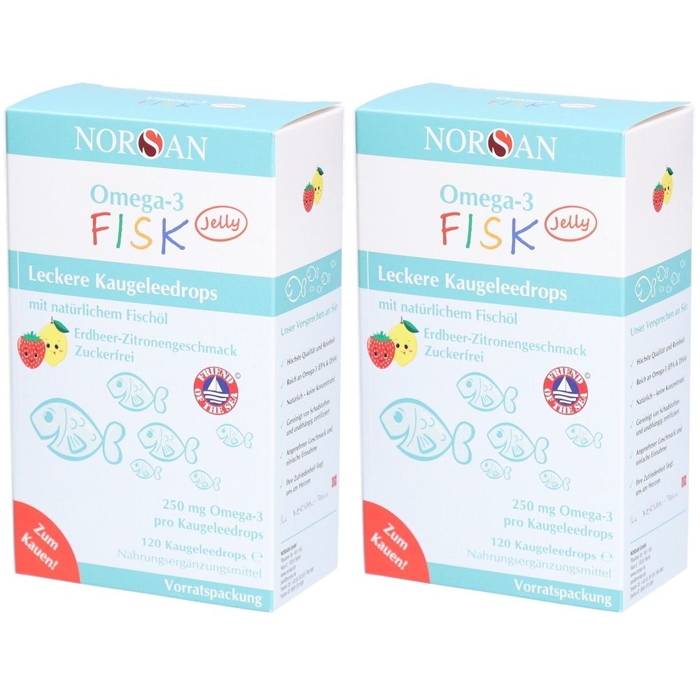 Deux boîtes de NORSAN Omega-3 FISK. Inscription : Délicieux bonbons à mâcher, saveur fraise-citron, sans sucre. Avec illustrations de poissons.