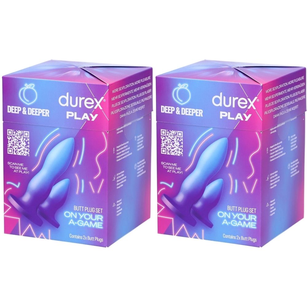 Zwei Verpackungen mit dem Produkt. Aufschrift: Durex Play Deep & Deeper Butt Plug Set. Lila und blaue Farbtöne. Enthält 2 Butt Plugs.