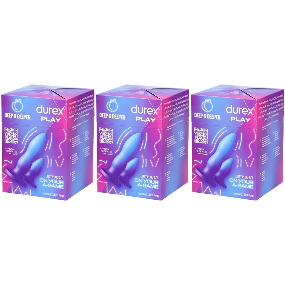 Drei Verpackungen von Durex Play Deep & Deeper Butt Plug Set. Lila-blaue Produktabbildung auf Verpackung. Text: Deep & Deeper Play, Butt Plug Set.