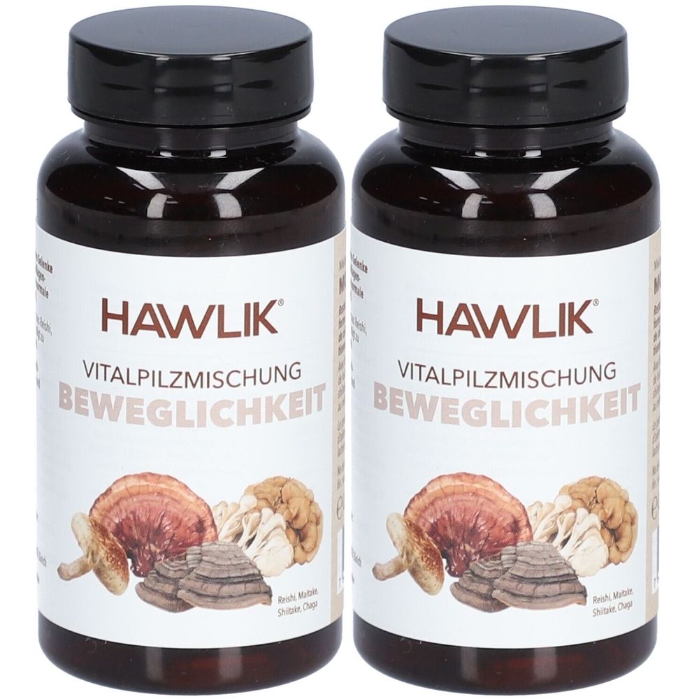Zwei braune Flaschen mit schwarzem Deckel. Aufschrift: HAWLIK Vitalpilzmischung Beweglichkeit. Abbildung von Pilzen.