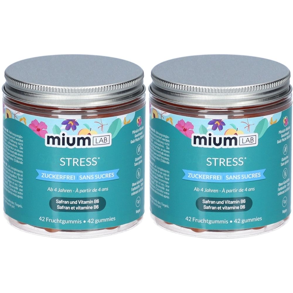 Deux pots de miumLAB Stress sans sucre. Étiquettes turquoise avec nom et ingrédients. Couvercles argentés.