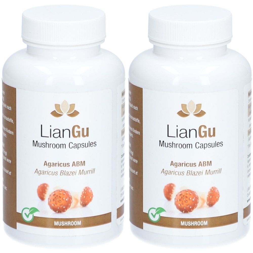 Zwei weiße Flaschen mit braunen Etiketten. Aufschrift: LianGu Mushroom Capsules, Agaricus ABM. Abbildung von Pilzen.