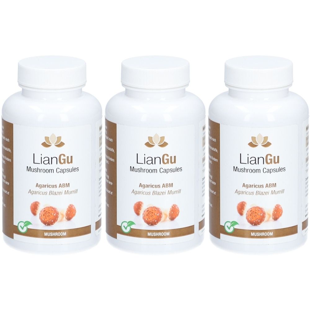 Drei weiße Flaschen mit Schraubverschluss. Auf den Etiketten steht "LianGu Mushroom Capsules" und "Agaricus ABM".