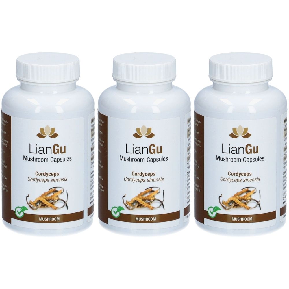 Trois flacons blancs avec bouchons à vis. Chaque flacon porte l'inscription "LianGu Mushroom Capsules" et "Cordyceps sinensis".