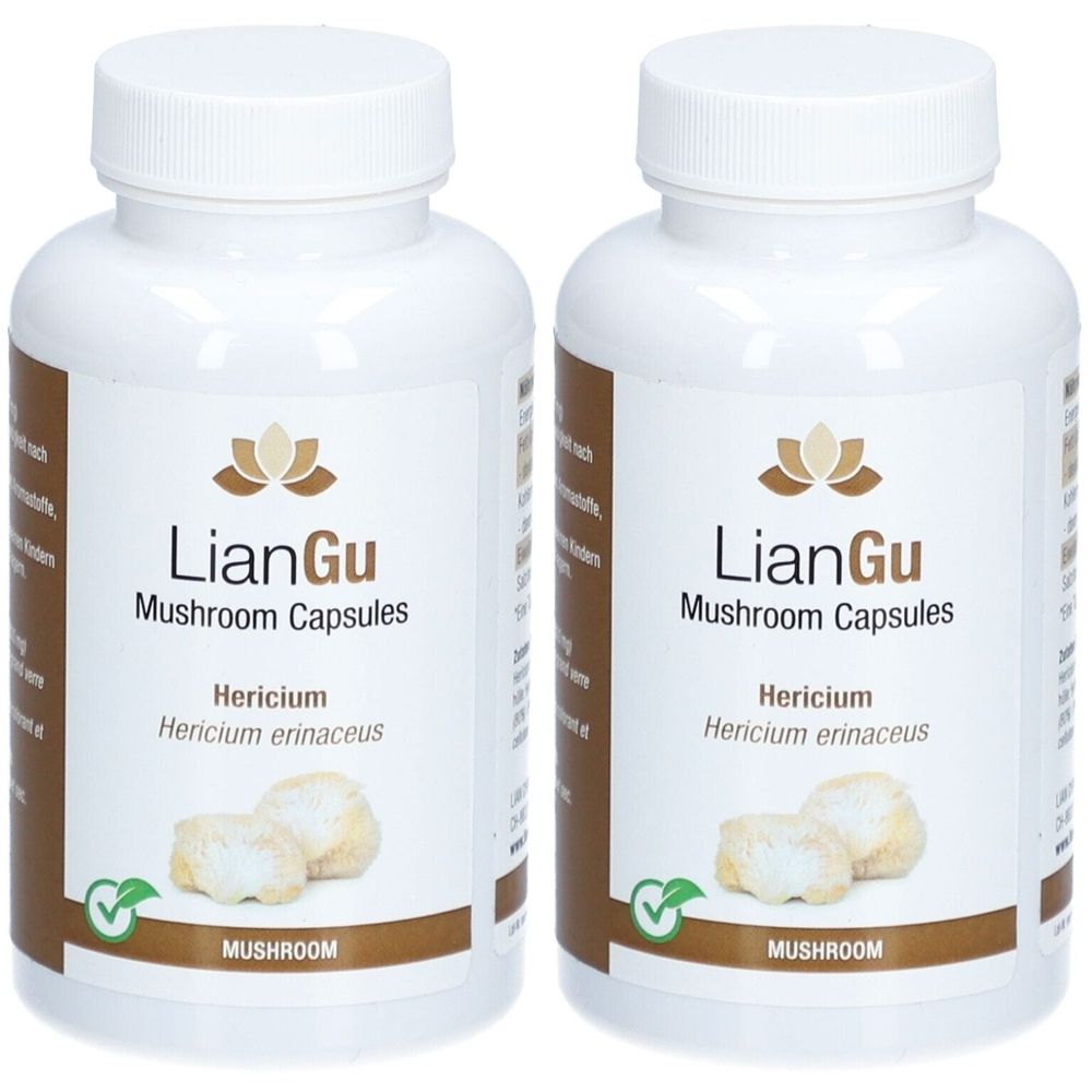 Zwei weiße Flaschen mit Schraubverschluss. Aufschrift: LianGu Mushroom Capsules, Hericium erinaceus. Darunter Pilzabbildung.