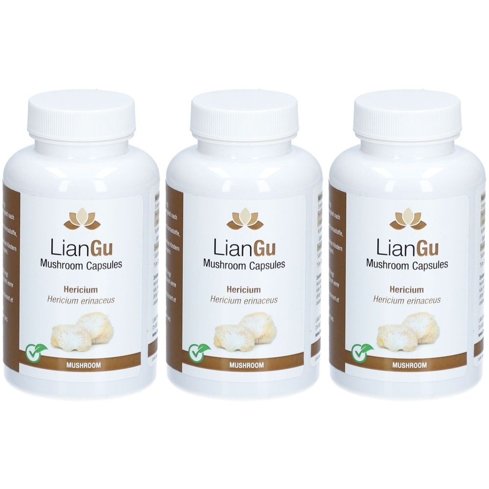 Drei weiße Flaschen mit Kapseln. Auf jeder Flasche steht "LianGu Mushroom Capsules" und "Hericium erinaceus".