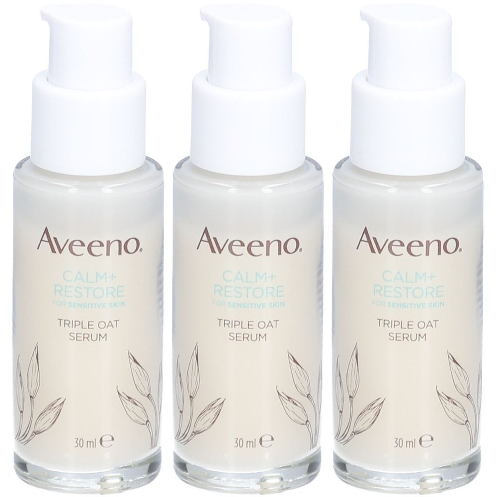 Drei Flaschen Serum mit weißem Pumpkopf. Auf jeder Flasche steht "Aveeno", "CALM+RESTORE" und "TRIPLE OAT SERUM".