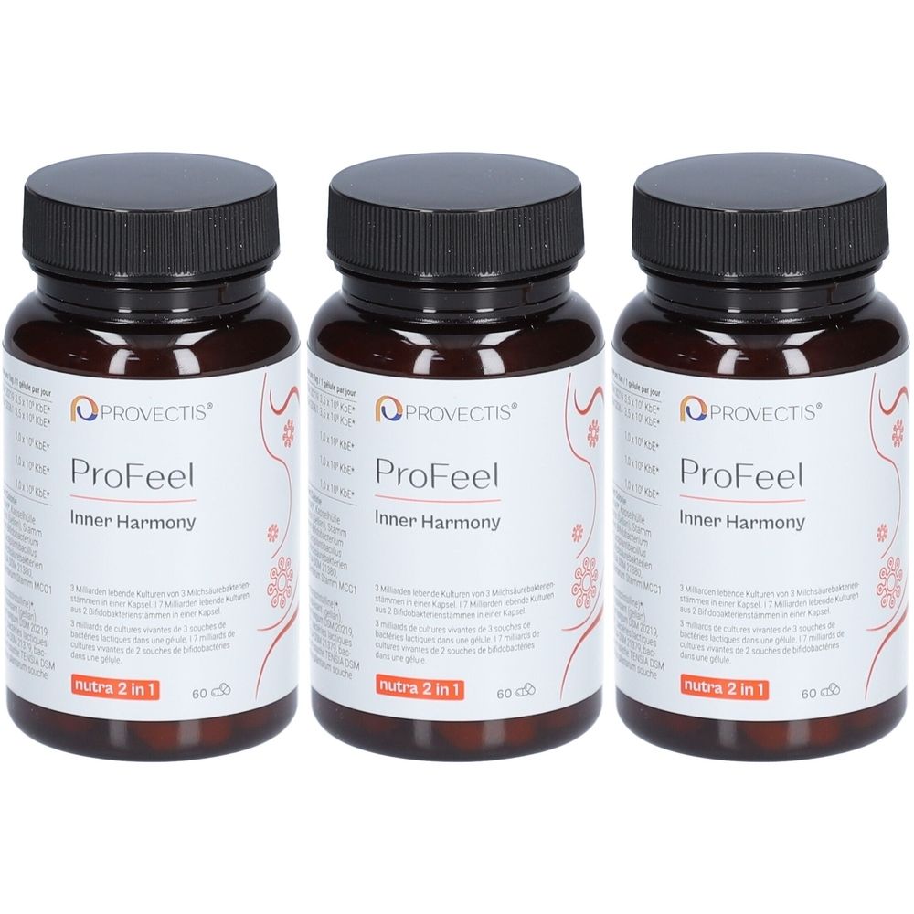 Trois flacons bruns avec des couvercles noirs. L'étiquette indique "PROVECTIS ProFeel Inner Harmony".