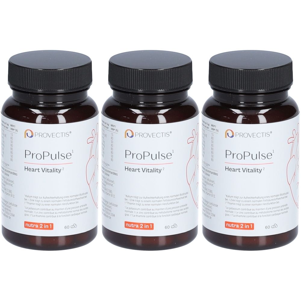 Trois flacons bruns avec des couvercles noirs. Les étiquettes indiquent "PROVECTIS ProPulse Heart Vitality".