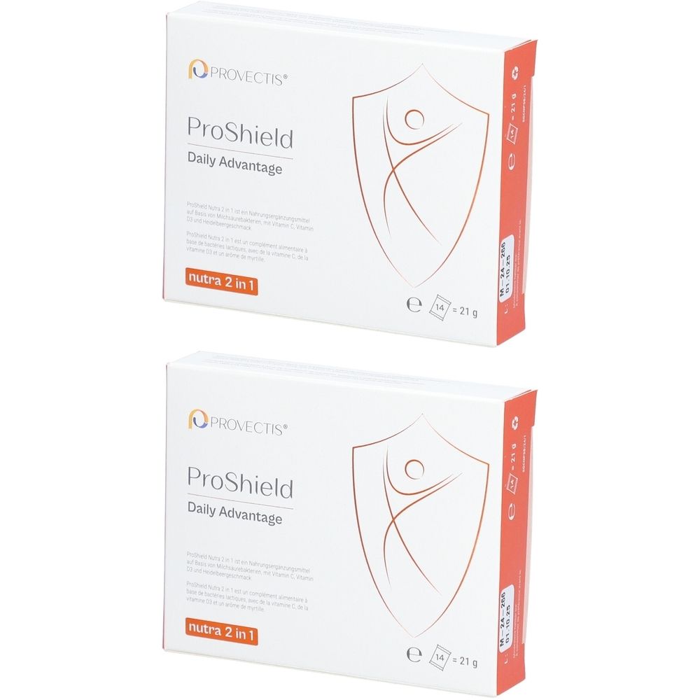 Zwei weiße Schachteln mit "PROVECTIS ProShield Daily Advantage"-Logo und Text. Roter Seitenstreifen. "nutrs 2 in 1" Text.