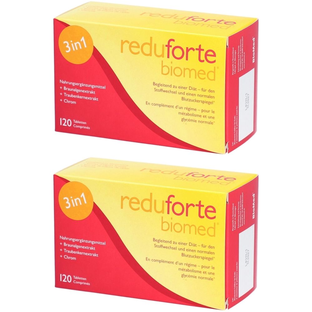 Zwei gelb-rote Schachteln. Aufschrift: reduforte biomed, 3in1, 120 Tabletten. Enthält Nahrungsergänzungsmittel.