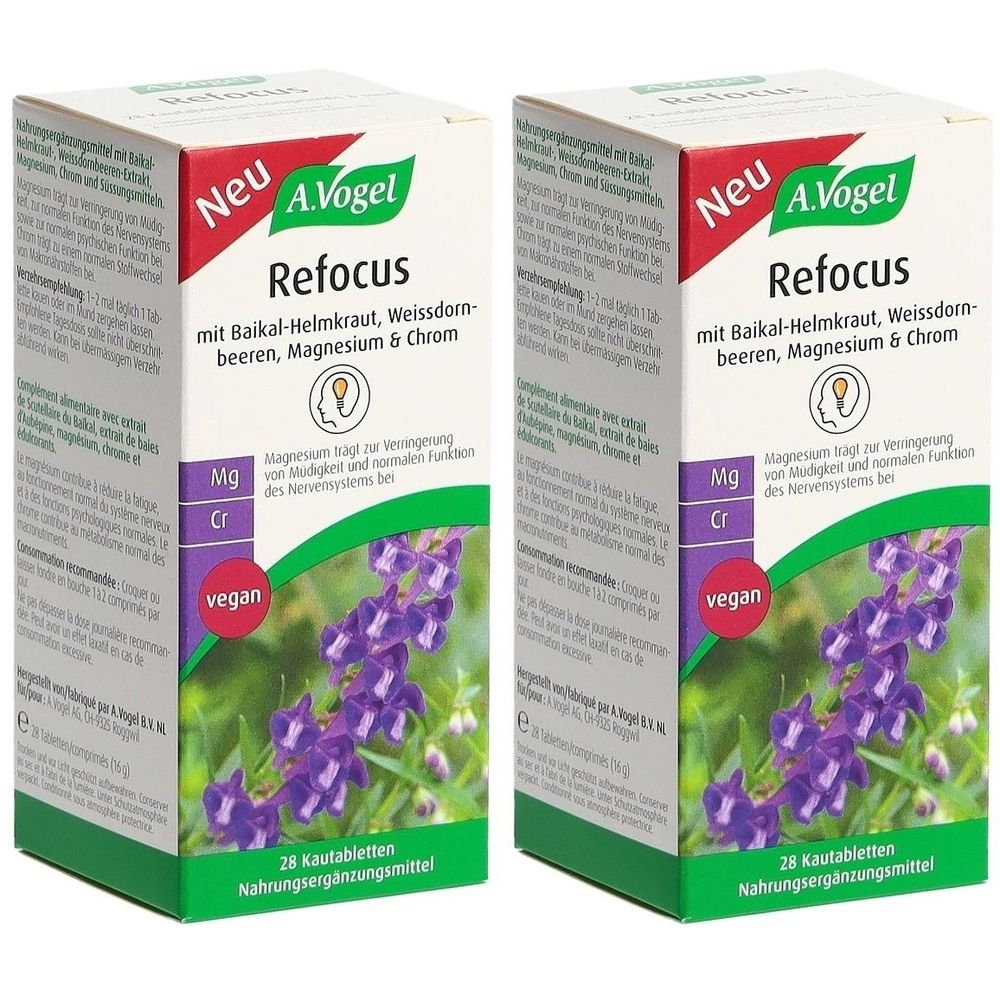 Deux boîtes de A. Vogel Refocus. Inscription : Baikal-Helmkraut, Weissdornbeeren, Magnesium & Chrom. Label vegan.