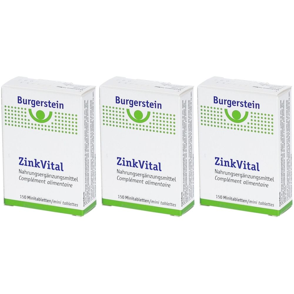 Trois boîtes blanches "Burgerstein ZinkVital". Texte: Complément alimentaire, 150 comprimés. Logo vert.