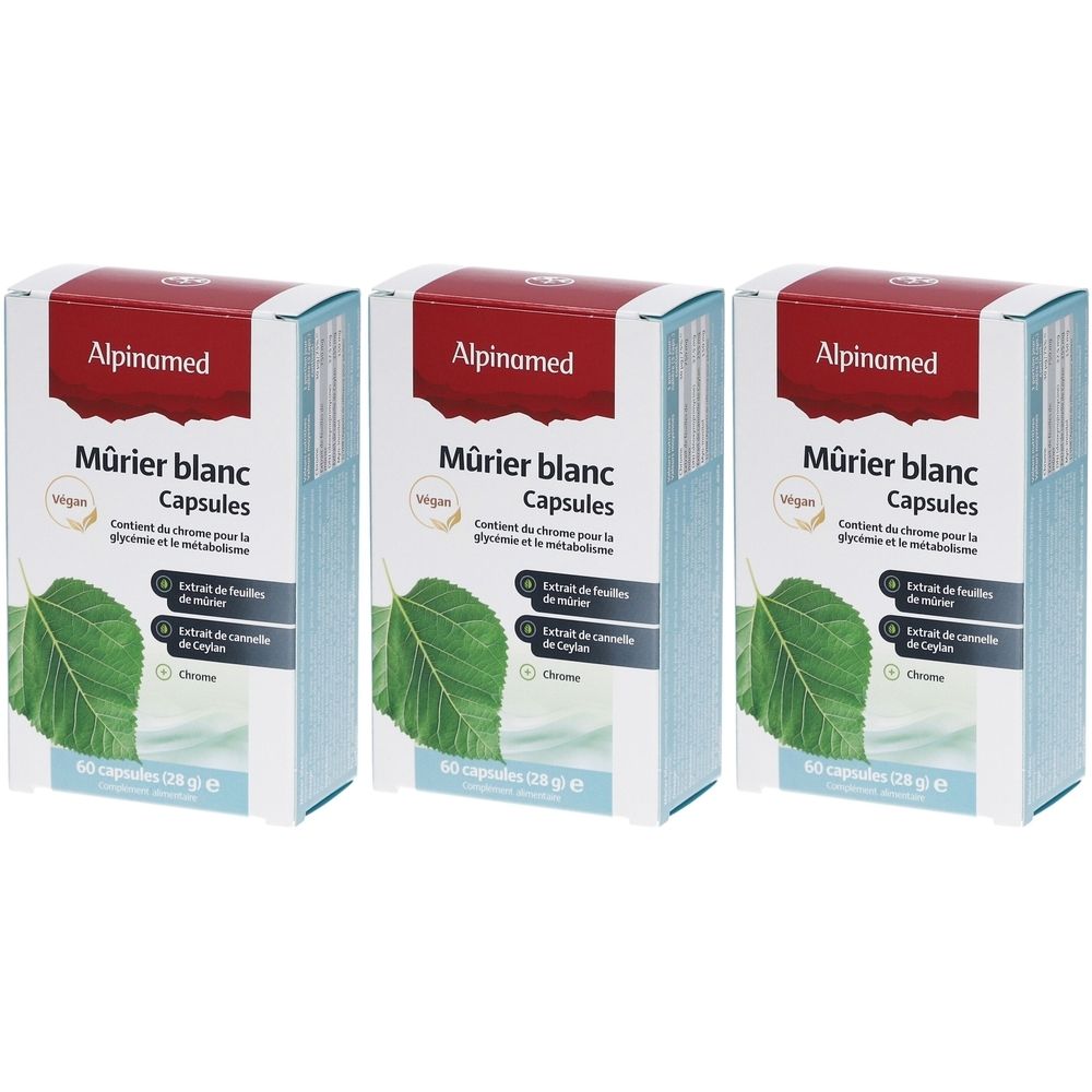 Drei Schachteln mit Kapseln. Auf jeder Schachtel steht "Alpinamed Mûrier blanc Capsules". Aufdrucke: Vegan, Blätter, Inhaltsstoffe.