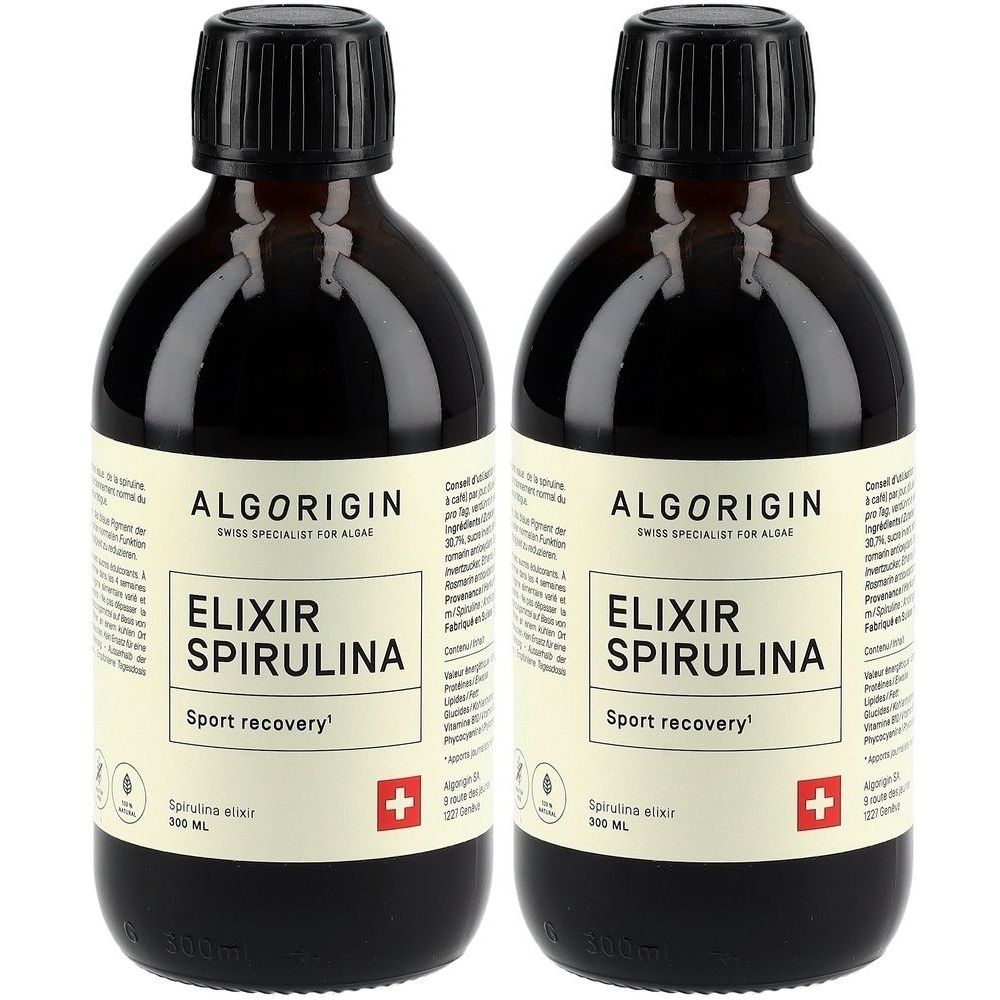 Deux flacons en verre brun avec bouchon noir. Étiquette avec texte: Algorigin Elixir Spirulina, croix suisse.