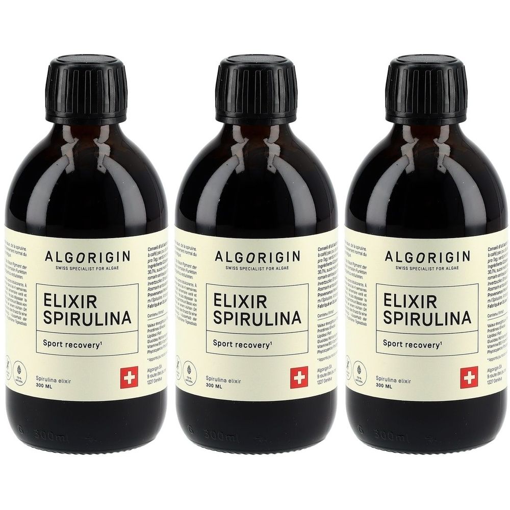 Trois flacons d'Algorigin Spirulina Elixir. Flacons en verre brun avec bouchon noir et étiquette. Croix suisse.