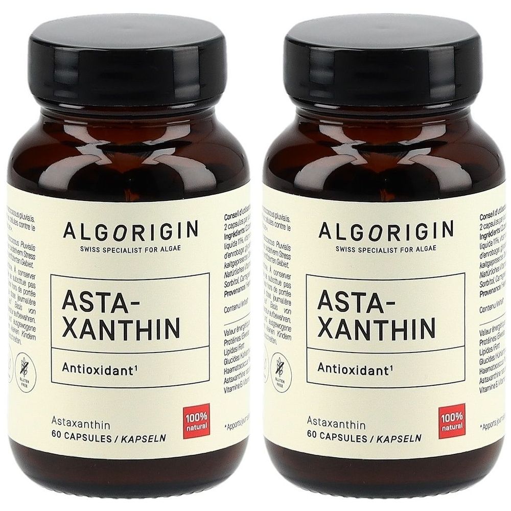 Deux flacons bruns avec des couvercles noirs. Les étiquettes indiquent "ALGORIGIN ASTA-XANTHIN Antioxidant".