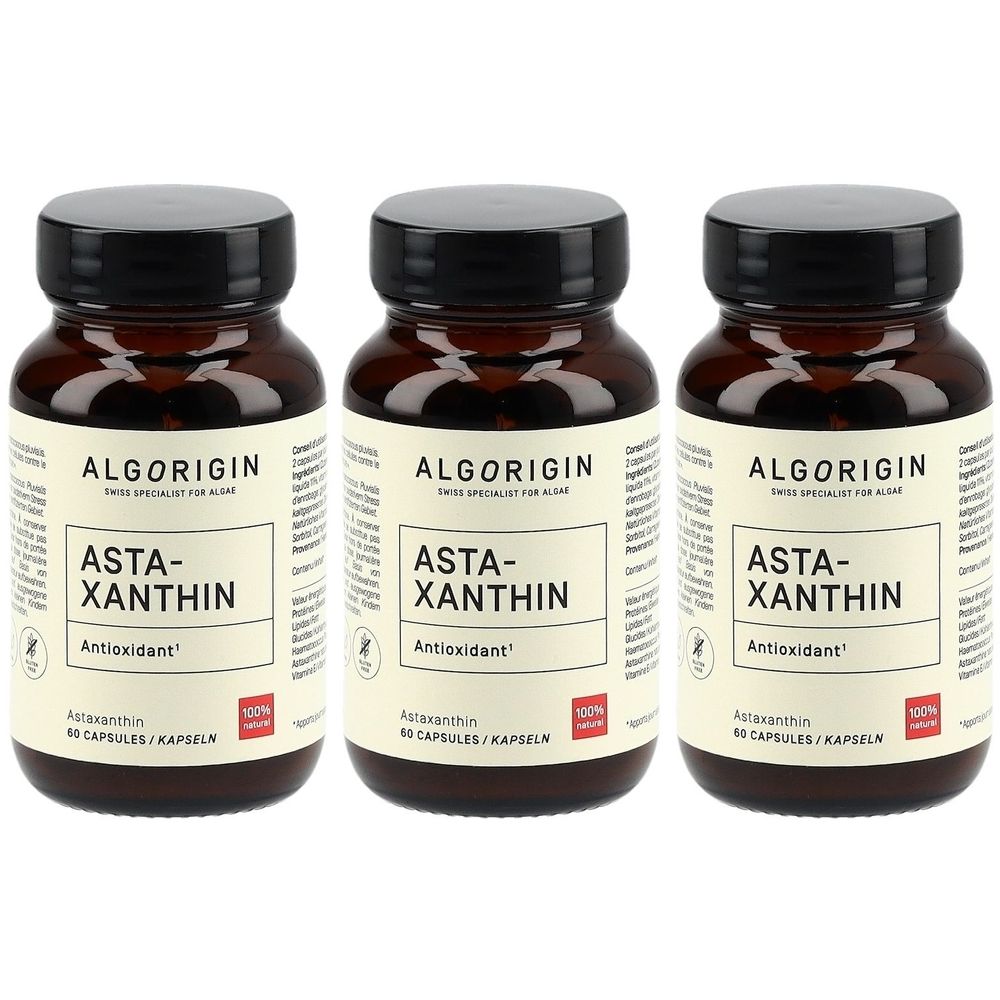 Trois flacons bruns avec des couvercles noirs. Les étiquettes indiquent "ALGORIGIN ASTA-XANTHIN Antioxidant".