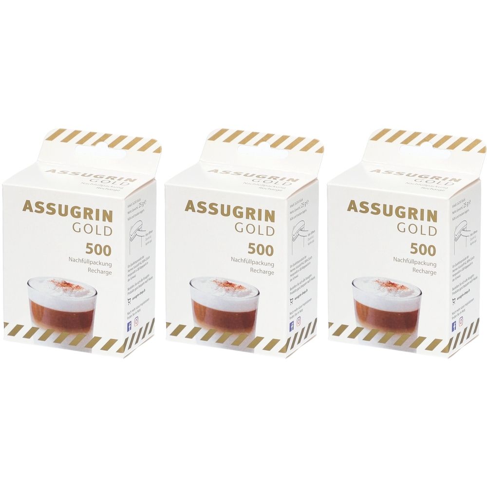 Drei weiße Kartons mit der Aufschrift ASSUGRIN GOLD 500. Auf den Kartons ist ein Getränk mit Schaum abgebildet.