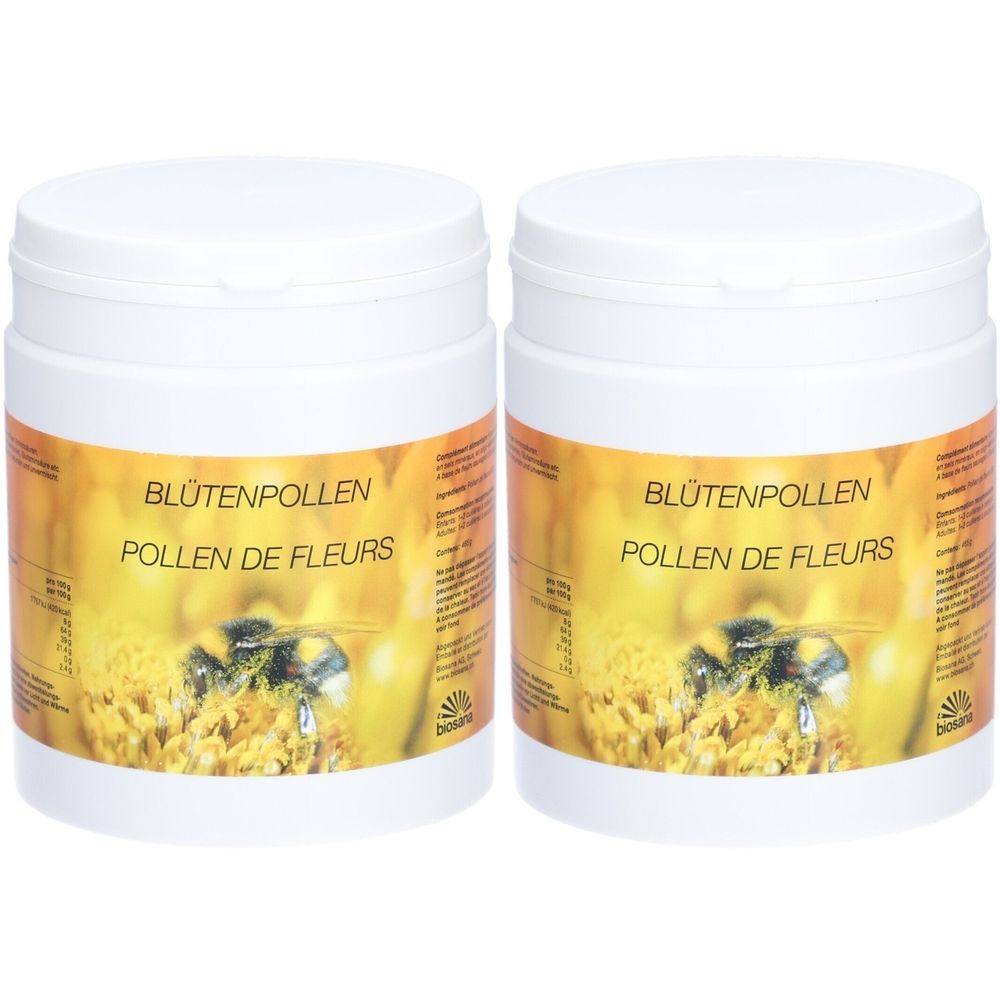 Zwei weiße Dosen mit Etiketten. Auf den Etiketten steht "Blütenpollen" und "Pollen de Fleurs".