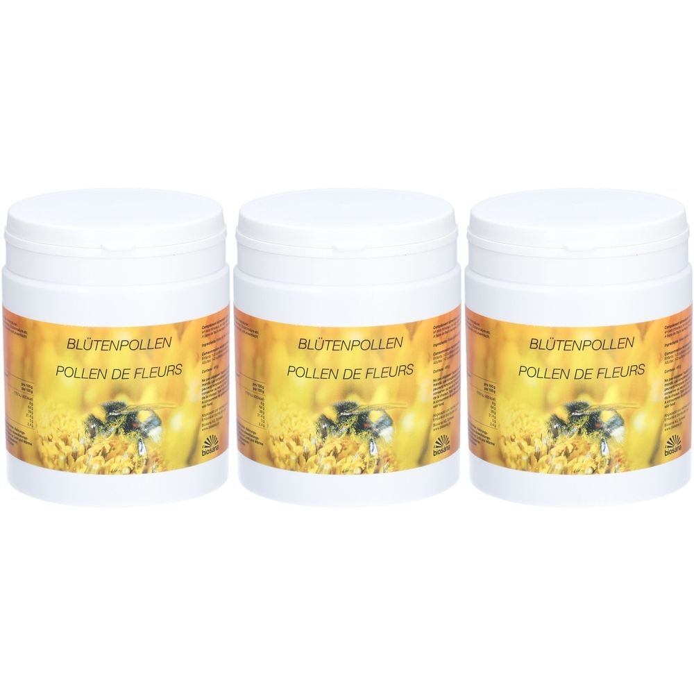 Drei weiße Dosen mit gelben Etiketten. Auf den Etiketten steht "Blütenpollen" und "Pollen de Fleurs".