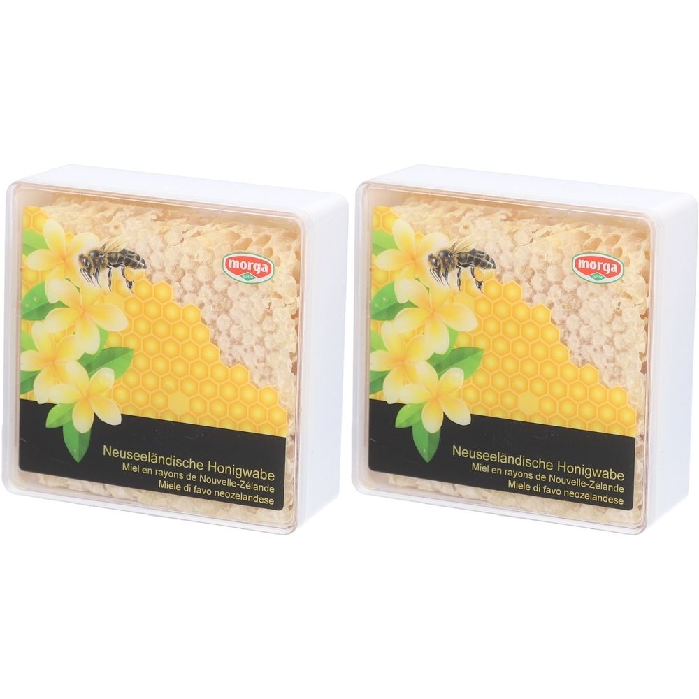 Deux rayons de miel MORGA en boîtes blanches. Impression avec fleurs, abeilles et motif en nid d'abeilles. Texte : Miel de Nouvelle-Zélande.