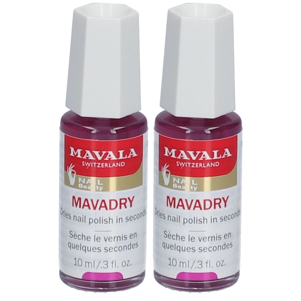 Zwei Flaschen Nagellack. Aufschrift: MAVALA, MAVADRY. Weiße Kappe, rote Flüssigkeit. 10 ml/.3 fl. oz.