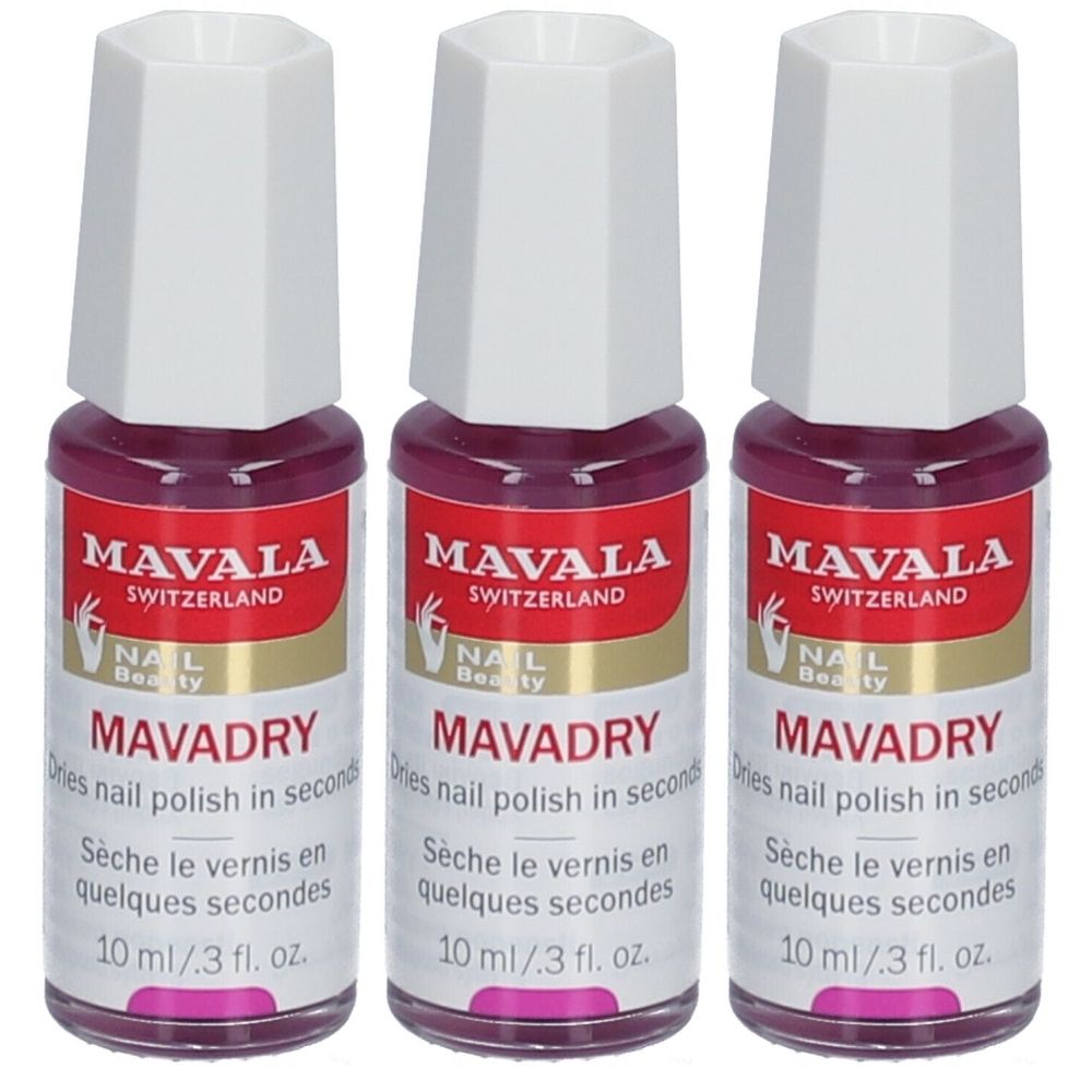 Drei Flaschen Nagellack. Aufschrift: MAVALA, MAVADRY. Weiße Deckel, rote Etiketten mit goldfarbenem Rand. 10 ml.