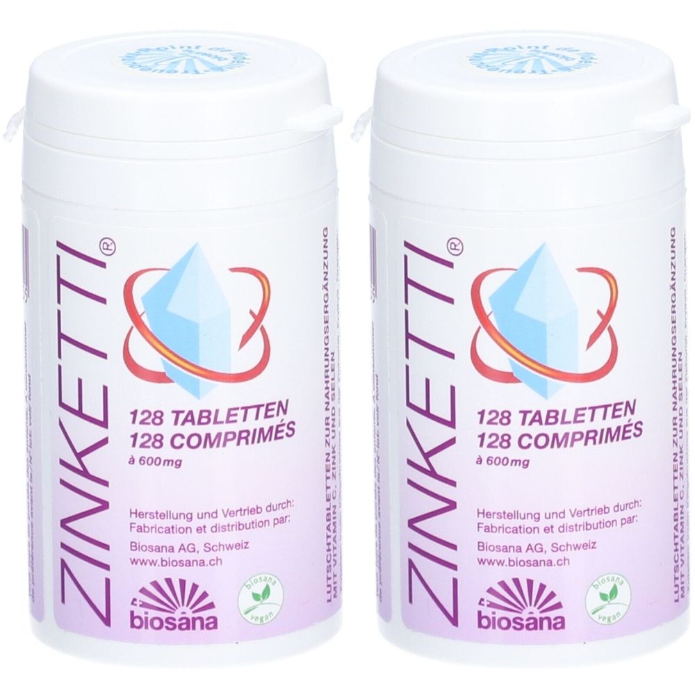 Zwei weiße Tablettenbehälter mit lila Aufschrift ZINKETTI. Enthält 128 Tabletten. Biosana Logo und Informationen.