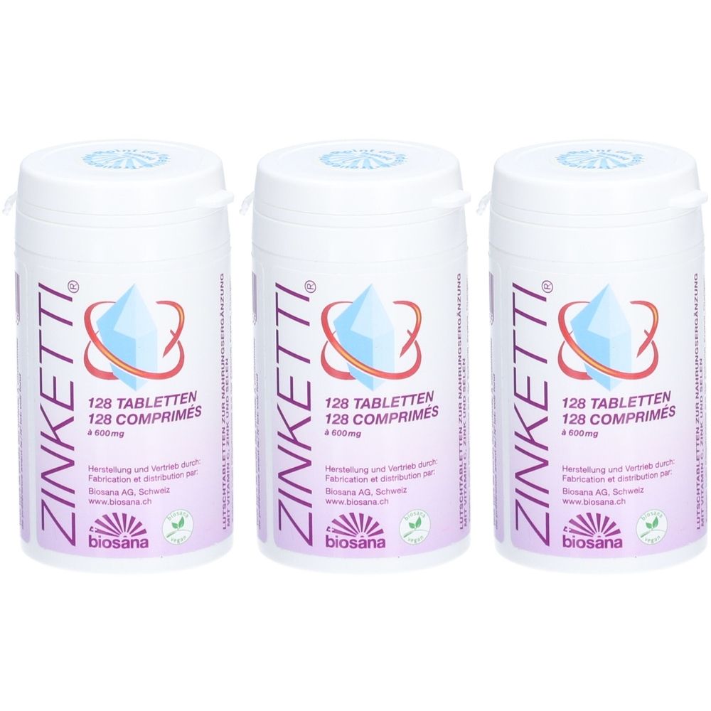 Drei weiße Tablettenbehälter mit der Aufschrift ZINKETTI, 128 Tabletten. Logo mit blauem Kristall und roter Umrandung. Marke: biosana.